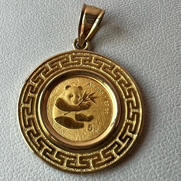 14K BEZEL SET PENDANT PANDA COIN 2000 1/20oz 5 YUAN FROSTED .999 FINE GOLD
